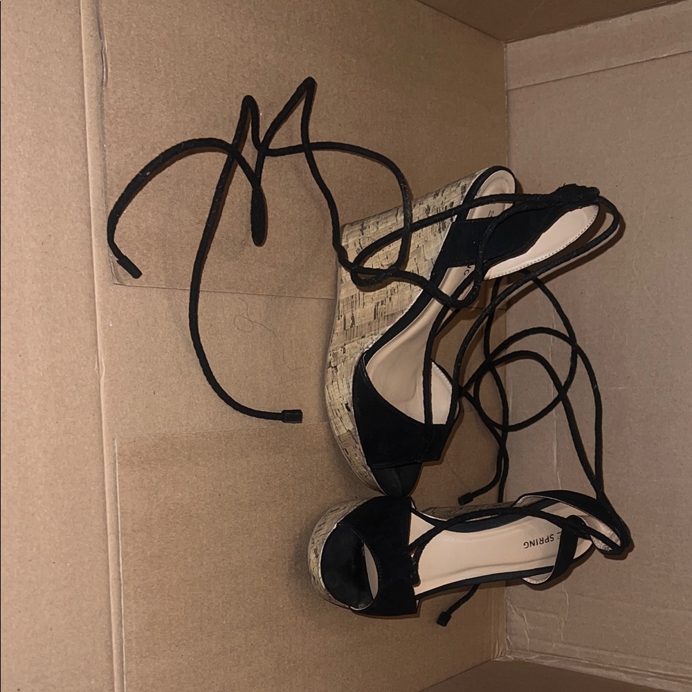 Ring Black Wedge Sandals with Cork Heel